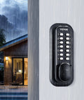 Rugged Mechanical Keyless Entry Lock With 14-Digit Keypad For Outdoor Gates And Garages, waterproof zinc alloy lock attached to door.