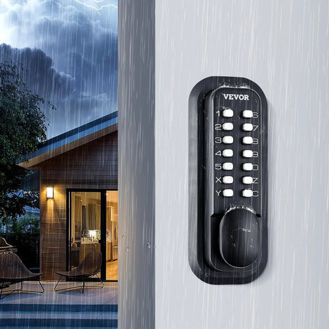 Rugged Mechanical Keyless Entry Lock With 14-Digit Keypad For Outdoor Gates And Garages, waterproof zinc alloy lock attached to door.