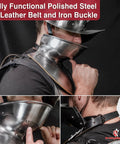 Close-up of Medieval Gothic Bevor Neck Armor in silver, 16-gauge mild steel, showing face, neck protection and leather buckle