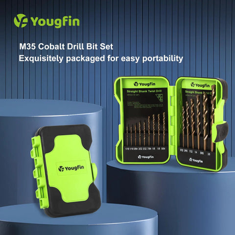 Heavy Duty Cobalt Drill Bits Set, 15 Pc M35 HSS With 135 Degree Tips in green indexed storage case on display