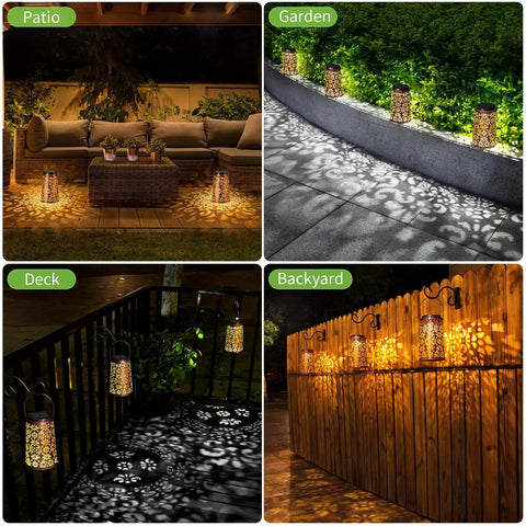 Outdoor Solar Lanterns Hanging Lights Waterproof Metal Decor for patio, garden, deck, and backyard in cool white and warm light modes.