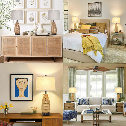 Set Of 2 Rattan Table Lamps With USB Ports, Coastal Woven Bedside Lamps 26 Inch Tall, living room and bedroom settings.