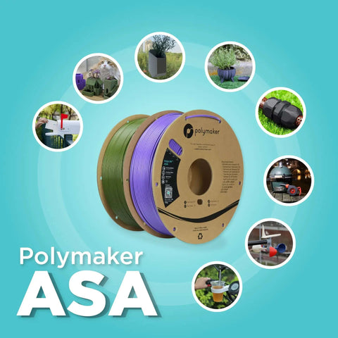 Polymaker ASA 3D Printing Filament spools with outdoor project images, featuring durable and weather resistant material in various applications.