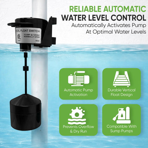 Vertical Float Switch For Sump Pumps Universal Replacement With Ten Foot Cord Water Level Control shown in blue water with features