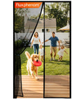 Magnetic Screen Door For Patio Fits 38 By 82 Inches, Bugs Out Breeze In, family enjoying backyard with dog exiting through screen.