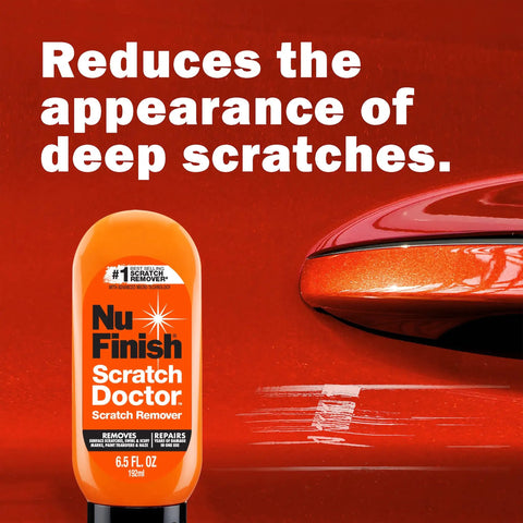 Two Piece Exterior Car Finishing Kit With Scratch Doctor Car Scratch Remover And Graphene Coating Spray For A Showroom Shine Easy Two Step Quick Process Delivers Dramatic Results That Last And Keeps Your Ride Protected bottle next to a car surface showcasing scratch repairs.