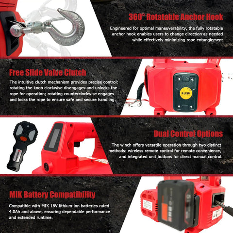 1000Lb Battery Powered Winch With 40Ft Synthetic Rope, Wireless Remote, Beefy 18V Compatible Lifting And Pulling For Trucks, ATVs, UTVs, Trailers, Requires 4.0Ah+ Battery, red winch with hook and remote
