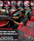 Heavy Duty Nylon Trim Removal Tool Kit For Cars With Slick Pry Bars No Sweat Clip Pliers Premium Dashboard Panels Pro Auto Interior Repair Gear, man using tools on a door panel.