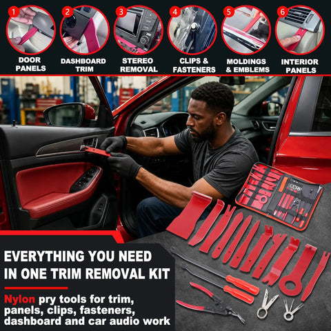 Heavy Duty Nylon Trim Removal Tool Kit For Cars With Slick Pry Bars No Sweat Clip Pliers Premium Dashboard Panels Pro Auto Interior Repair Gear, man using tools on a door panel.