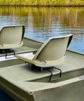Heavy Duty Adjustable Clamp Boat Seat Mount With 360 Degree Swivel Rotation Fits Marine Bench Seats Nine To Nineteen Inches installed on a boat.