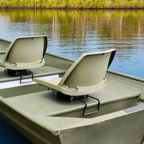 Heavy Duty Adjustable Clamp Boat Seat Mount With 360 Degree Swivel Rotation Fits Marine Bench Seats Nine To Nineteen Inches installed on a boat.