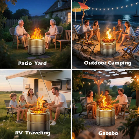 Smokeless 20 Inch Outdoor Fire Pit Portable Stainless Steel With Grill Grate Ash Pan And Carry Bag For Camping RV And Patio Low Smoke Wood Burning Pit With Full Circle Airflow For Cleaner Warmer Even Flames in various settings.