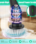 Electric Spin Scrubber Cordless Power Cleaning Brush With Long Handle And 8 Interchangeable Heads For Tub, Tile, Floors, Grout, Glass, Sinks, Corners And Car Wheels Two Speeds Up To 480 RPM Perfect For Tough Grime, motor close-up