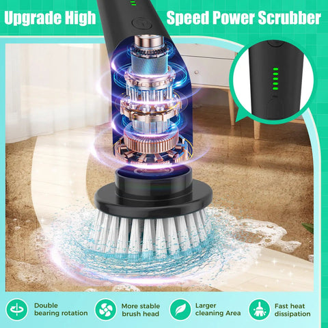 Electric Spin Scrubber Cordless Power Cleaning Brush With Long Handle And 8 Interchangeable Heads For Tub, Tile, Floors, Grout, Glass, Sinks, Corners And Car Wheels Two Speeds Up To 480 RPM Perfect For Tough Grime, motor close-up
