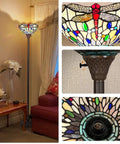 Dragonfly Tiffany Style Stained Glass Floor Lamp Torchiere Cream Rustic Look Tall Standing Light 70 Inches With 12 Inch Shade And Heavy Base