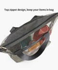 Top view of Mesh Shower Caddy Bag Portable Hanging Toiletry Organizer With Zipper, showcasing mesh texture and handles.