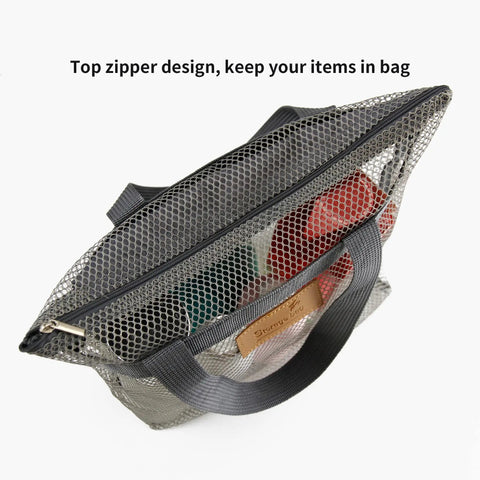 Top view of Mesh Shower Caddy Bag Portable Hanging Toiletry Organizer With Zipper, showcasing mesh texture and handles.