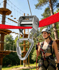 Dope Zip Line Kit For Backyard Fun And Outdoor Playset Balance shown with metal pulley and carabiner in adventure park