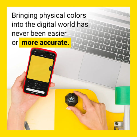 Person using Portable Color Sensor And Color Matcher Tool With 300000 Plus Paint Library with smartphone and laptop