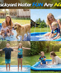Backyard Splash Pad Sprinkler For Kids And Dogs With An 85 Inch Thickened Square Play Mat Built For Toddlers Aged One To Three Epic Water Fun Outdoor Pool Party Toy, featuring kids, adults, and a dog playing in water.