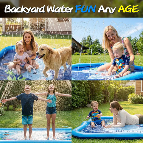 Backyard Splash Pad Sprinkler For Kids And Dogs With An 85 Inch Thickened Square Play Mat Built For Toddlers Aged One To Three Epic Water Fun Outdoor Pool Party Toy, featuring kids, adults, and a dog playing in water.