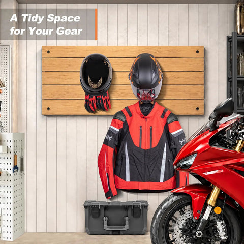 Heavy Duty Solid Steel And Premium Natural Wood Motorcycle Helmet Wall Mount Rack With Rust Resistant Matte Black Finish Built Tough For Motorcyclists Rock Solid Garage Gear Stash Two Pack with helmets and riding gear on display.
