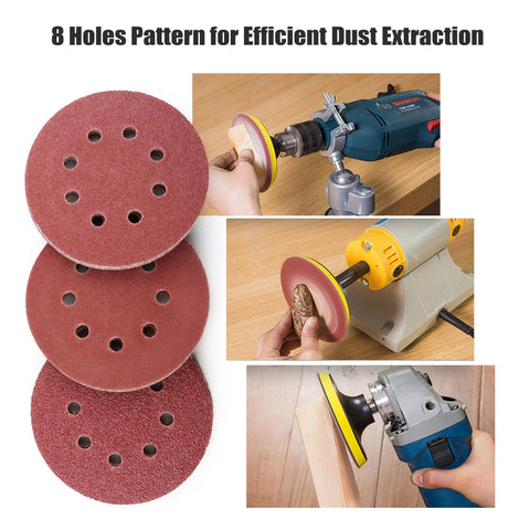 110 Pack 5 Inch 8 Hole Sanding Discs Set With Hook And Loop Aluminum Oxide Pads for Random Orbital Sanders and Woodworking