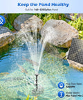 25W Solar Fountain Pump With 4 Nozzles, Up To 160 GPH Flow displayed in a garden pond with rocks and plants