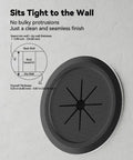 Diagram and image of Four Pack Mini Black TV Cord Hiders Grommets With Drill Bit For Wall Pass Throughs showing fit against wall.