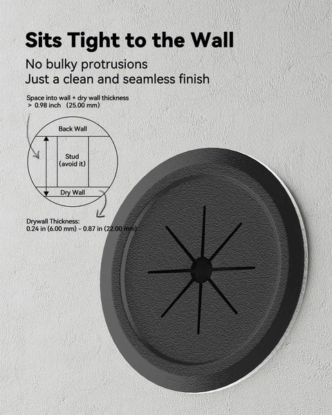 Diagram and image of Four Pack Mini Black TV Cord Hiders Grommets With Drill Bit For Wall Pass Throughs showing fit against wall.