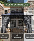 10x12 Ft Hardtop Aluminum Gazebo With Curtains And Netting installed in garden, showing waterproof polycarbonate roof and weather resistance features.