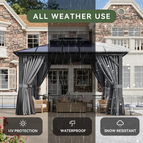 10x12 Ft Hardtop Aluminum Gazebo With Curtains And Netting installed in garden, showing waterproof polycarbonate roof and weather resistance features.