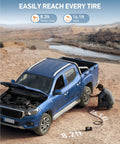 Heavy Duty 12V Air Compressor Portable Tire Pump in use under truck hood with 8.2ft power cord and 16.1ft hose on off-road terrain.