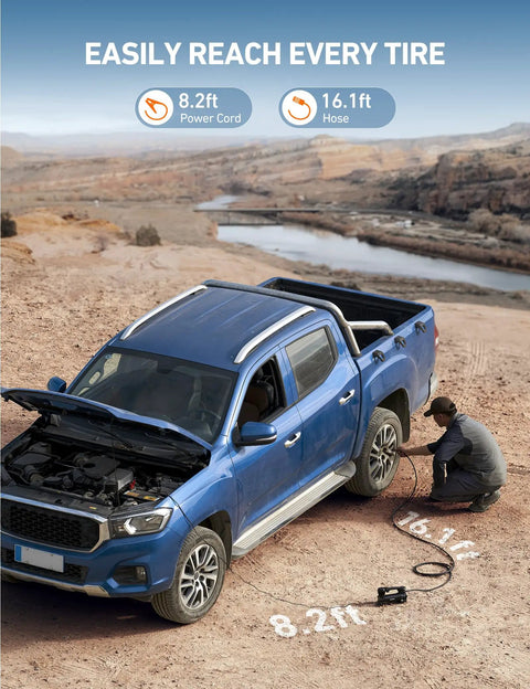 Heavy Duty 12V Air Compressor Portable Tire Pump in use under truck hood with 8.2ft power cord and 16.1ft hose on off-road terrain.