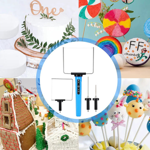 4-In-1 Hot Wire Foam Cutter Set For Arts And Crafts with 4 Blades, displayed with colorful crafts and foam decorations in background.