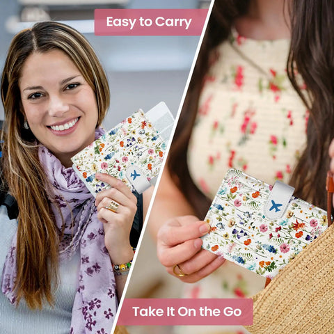 Woman holding RFID Blocking Passport Holder With Magnetic Closure For Easy Access Leather Travel Wallet Case For Women And Men Aesthetic Go-To Cute Organizer For Travel Essentials Slim Secure Card Slots Durable Travel Companion.