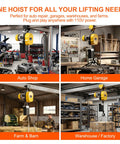 Heavy One Ton Electric Chain Hoist delivering two thousand two hundred pounds of lifting power in auto shop setting.