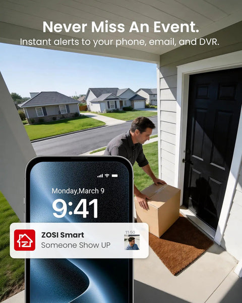 Person receiving package with phone alert shown, demonstrating 3K Lite Security Camera System With AI Human And Vehicle Detection functionality