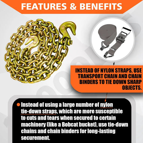 Image of G80 Heavy Duty Transport Binder Chain Half Inch By 20 Foot With Clevis Grab Hooks showing features and benefits.