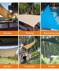 Various sun shade sail setups, showcasing terrace, parking, pool, garden, courtyard, forest; for sun shade sail hardware kit use.