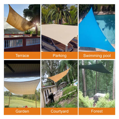 Various sun shade sail setups, showcasing terrace, parking, pool, garden, courtyard, forest; for sun shade sail hardware kit use.