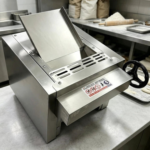 Heavy Duty Commercial Electric Dough Roller And Sheet Machine Features 2200W Motor For Uniform Pizza Base Baking Sprocket Drive Pressing System, stainless steel design.