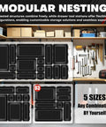 69 Piece Tool Box Organizer Tray Divider Set For Drawer Organization And Workbench Storage With Interlocking Plastic Dividers In Five Sizes XS S M L XL For Quick Access Tidy Drawers And Max Space shown in modular nesting layout.