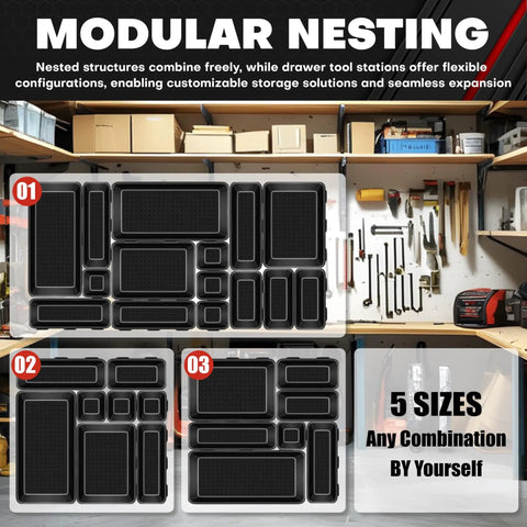 69 Piece Tool Box Organizer Tray Divider Set For Drawer Organization And Workbench Storage With Interlocking Plastic Dividers In Five Sizes XS S M L XL For Quick Access Tidy Drawers And Max Space shown in modular nesting layout.