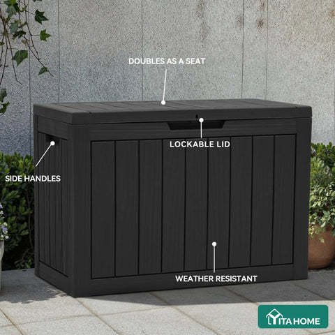 Outdoor Storage Box 45 Gallon Waterproof Resin Deck Box Lockable Organizer for Patio, doubles as a seat, black
