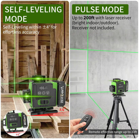 16 Line Green Laser Level Kit With 4x360 Degree Beams Auto Self Leveling For Pro Grade DIY Renovations Long Range Remote Dual 4800mAh Batteries 48 Hour Runtime Tripod And Hard Case, self-leveling mode with tripod