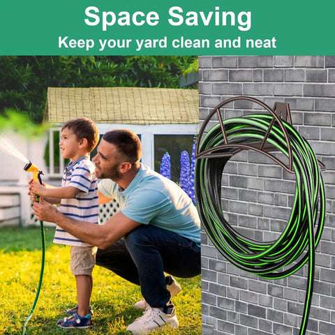 Heavy Duty Garden Hose Holder Wall Mount For Outdoor Yard And Garage Holds 150 Feet Of Hoses Durable Bronze Metal Weather Resistant Hose Reel Hanger And Storage Solution on brick wall