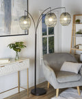 Three Light Metal Floor Lamp With Gray Rope Shade In Black Finish Large Boho Style Metal Lamp For Living Room Or Bedroom Provides Ambient And Focus Lighting For Any Space