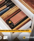 Pro Grade Kickass Benchtop Whetstone Knife Sharpener With 1000/6000 Grit Corundum Stones in a drawer with knives
