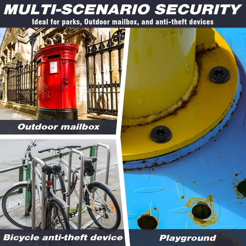 Dead Nuts Tight M5 X 8mm Black Stainless Steel Security Screws 100 Pack With T25 Torx Bit used in an outdoor mailbox and bicycle lock.